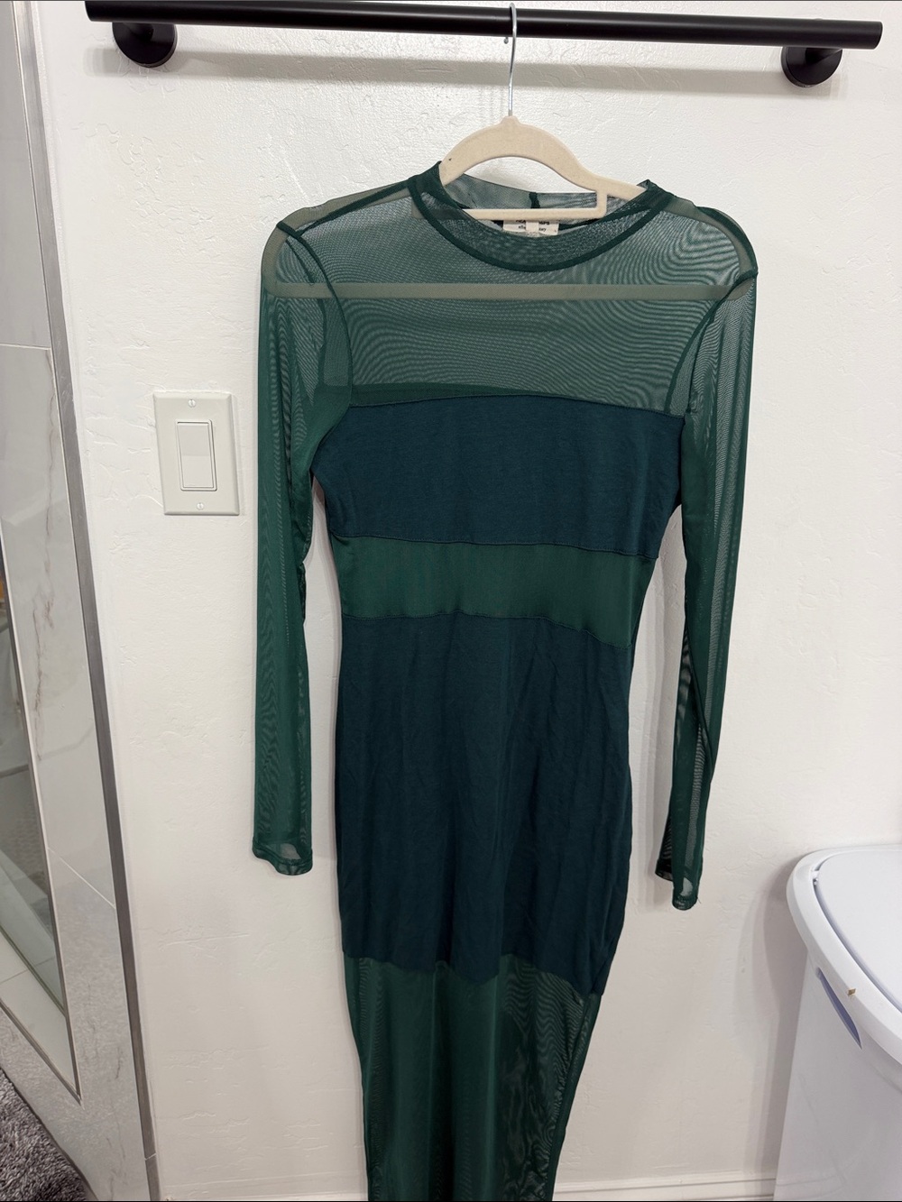 Sheer Panel Long Sleeve Green Maxi Dress